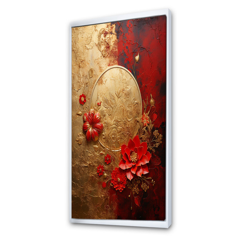«God and Red Floral Japanese Tiles II» - art mural botanique, Cadre flottant blanc, H 60 po x l 28 po x P 1,5 po