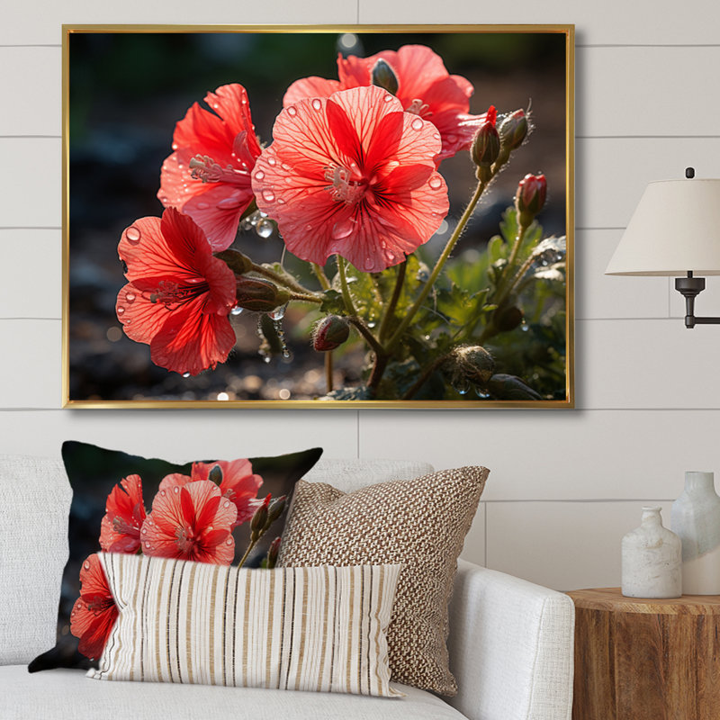 Corail géraniums - impression, H 30 po x l 40 po x P 1,5 po, Cadre flottant doré