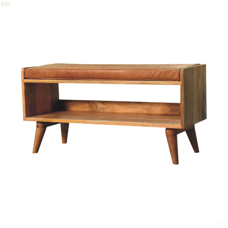 Oak-ish Bench with Tan Leather Seatpad, Oak/Brown