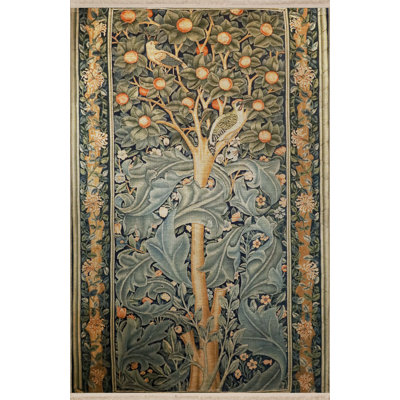 Multi-Colored Tree of Life Themed Leaf and Fruit Patterned Fringed Vintage Decorative Rug