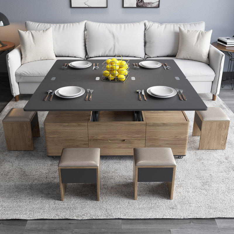 Table basse à plateau relevable moderne avec 4 tabourets, table de centre multifonction 3 en 1, table de salle à manger extensible pour le salon