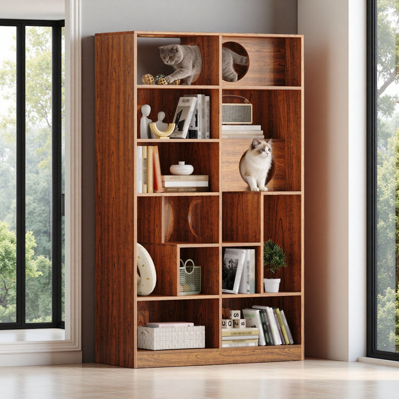 Bibliothèque pour chat moderne 2 en 1, étagère à chat avec rangement, bac à litière pour chat, Brun