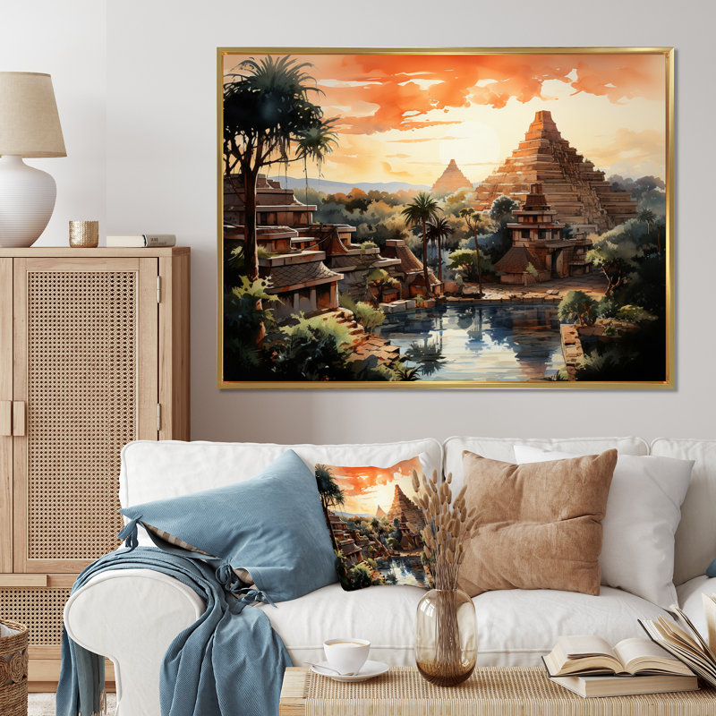 «Teotihuacan Sunrise Impressionism II», art mural Mexique, Cadre flottant doré, H 16 po x l 32 po x P 1 po
