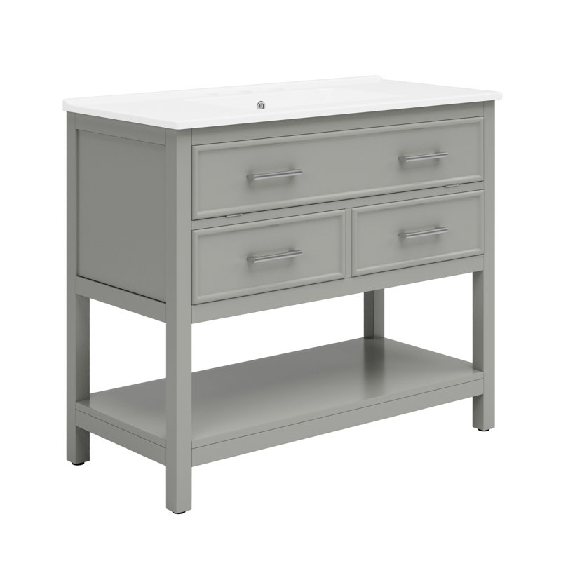 Meuble-lavabo gris 36 po avec lavabo en céramique, tiroirs pleine extension, glissières de tiroir à fermeture en douceur et glissières de lavabo lustrées, poignées de tiroir en argent rouille