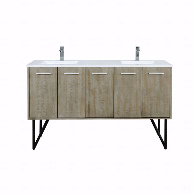 Ensemble de meuble-lavabo double 60 po x 20 po avec comptoir en quartz blanc et robinet chromé, 60", Quartz blanc