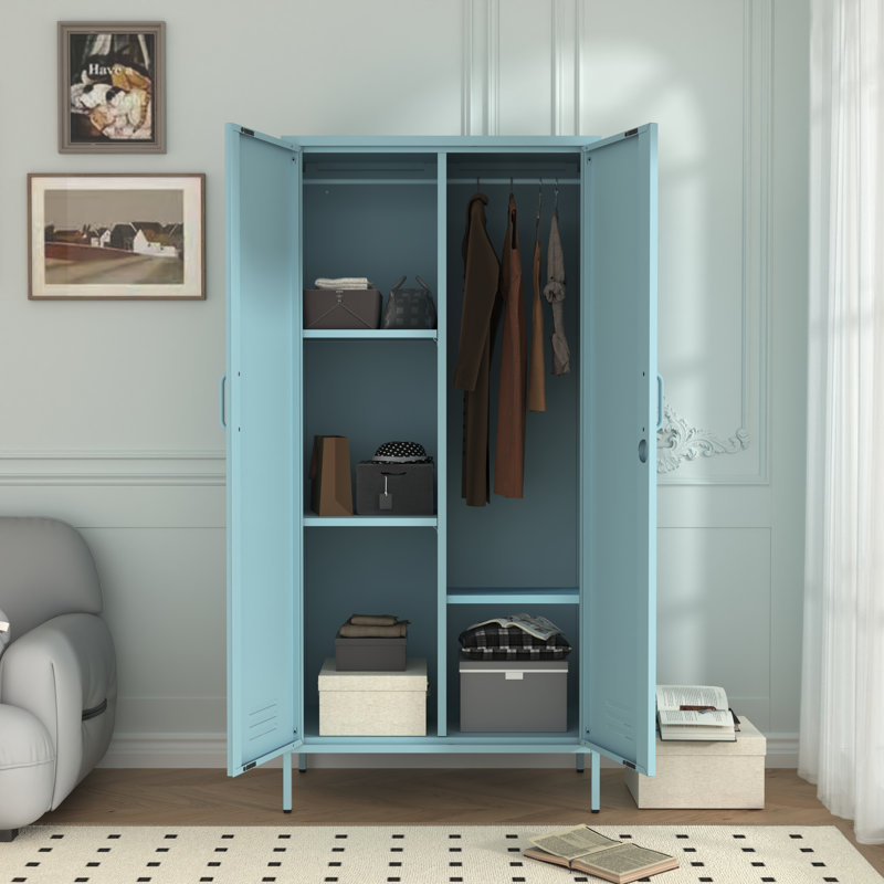 Metal Armoire Wardrobe Closet, 67" Tall Blue Lockable Wardrobe Cabinet with 2 Doors, Hanging Rod and Adjustable Shelves, Steel Clothing Storage Cabinet for Bedroom, Home, Cloak Room, Gym, Office