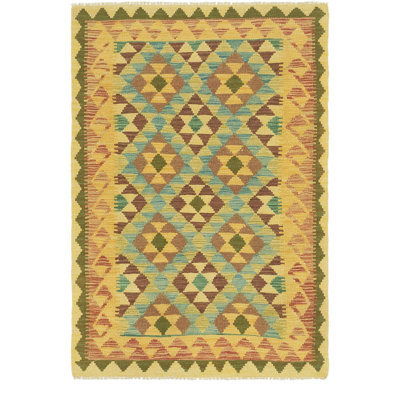 Tapis de zone en laine doré/vert 3 pi 5 po x 5 pi one-of-kind à la main noué la Lorain