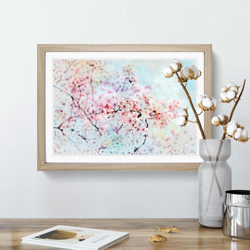 Japanese Cherry Tree in Pink in Abstract - Framed Print, 48cm H x 65cm W x 2cm D, Oak Framed
