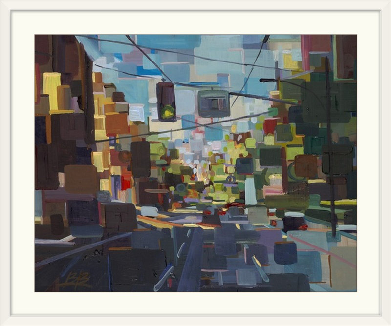 «Brodix Up Spring Street» par Brooke Borcherding, reproduction d'art, H 32 po x l 38 po x P 1 po, Cadre blanc