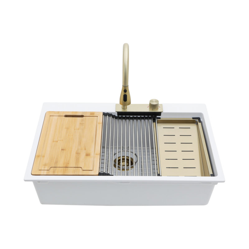Évier de cuisine encastré à cuve en granite composite avec lavabo encastré blanc