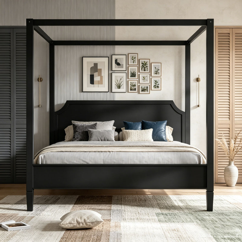 Lit plateforme à baldaquin en bois avec tête de lit, Grand lit, Noir