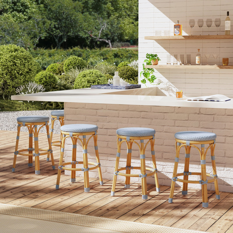 Tobias Outdoor Rattan and Metal Counter Stool, Baby Blue