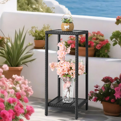 Support pour plante d'extérieur pour terrasse 2 niveaux avec support en osier pour pot de fleurs en bois et poly