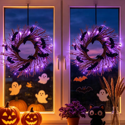 Set of 2 Purple LED Halloween Bat Wreath, Battery -Operated Rustic Natural Twig Wreath with Black Bat Accents, Farmhouse Boho Spooky Wall Door Wreath for Indoor Outdoor Fall Halloween Holiday Decor