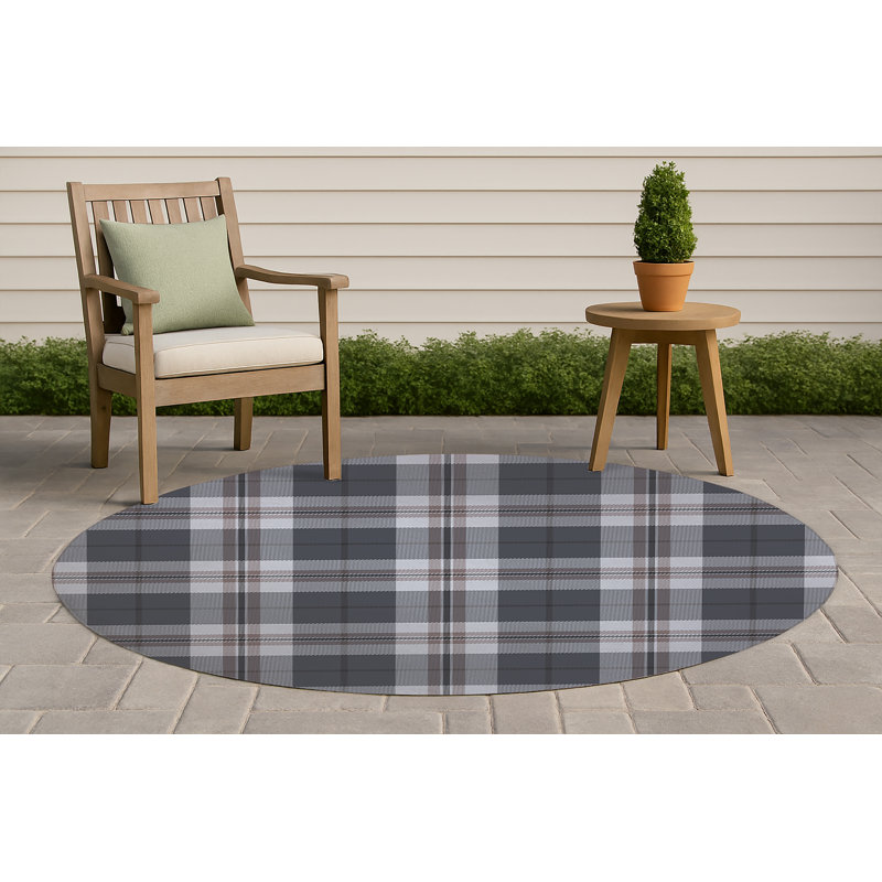 Tartan Block Non-Slip Outdoor Rug, Round 5'