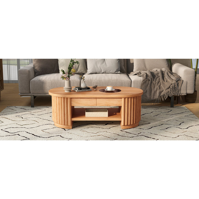 Table basse ovale cannelée de style Mid-Century avec tiroirs, table de cocktail en bois trempé à 2 niveaux, table de rangement centrale pour le salon