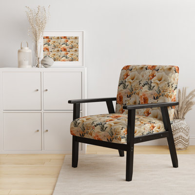 Sandy Beige Peonies Mirage Peach - Upholstered Farmhouse Arm Chair, Rustic Floral Accent Chair