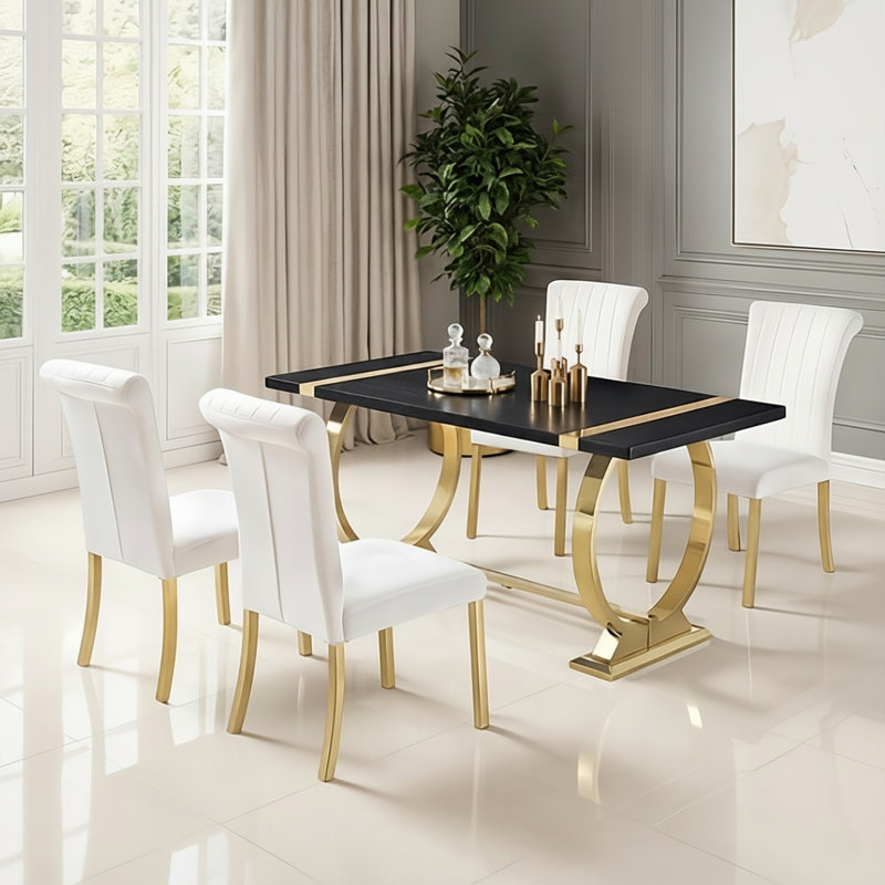 Ensemble de table de salle à manger Cimino, 5 Pieces: Table, 4 Chairs, White/Gold, Doré