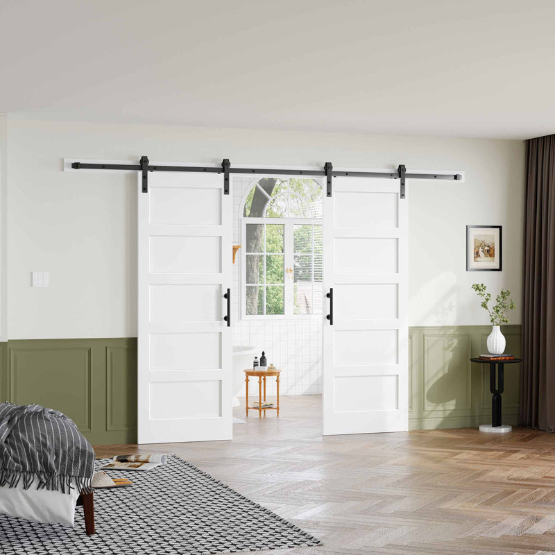 Porte de grange double en bois manufacturé à 5 panneaux avec quincaillerie d'installation, 56 po x 84 po