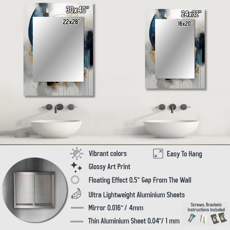 Golden blue Abstract Whirls of serenity V - Fractal Unique Wall Mirror, Gold Mirror, Printed Metal Art, 32" x 24"