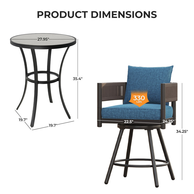 Maine Outdoor 3 Piece Steel Wicker Dinning Bar Stools  With Tile Bar, Brown/Peacock Blue