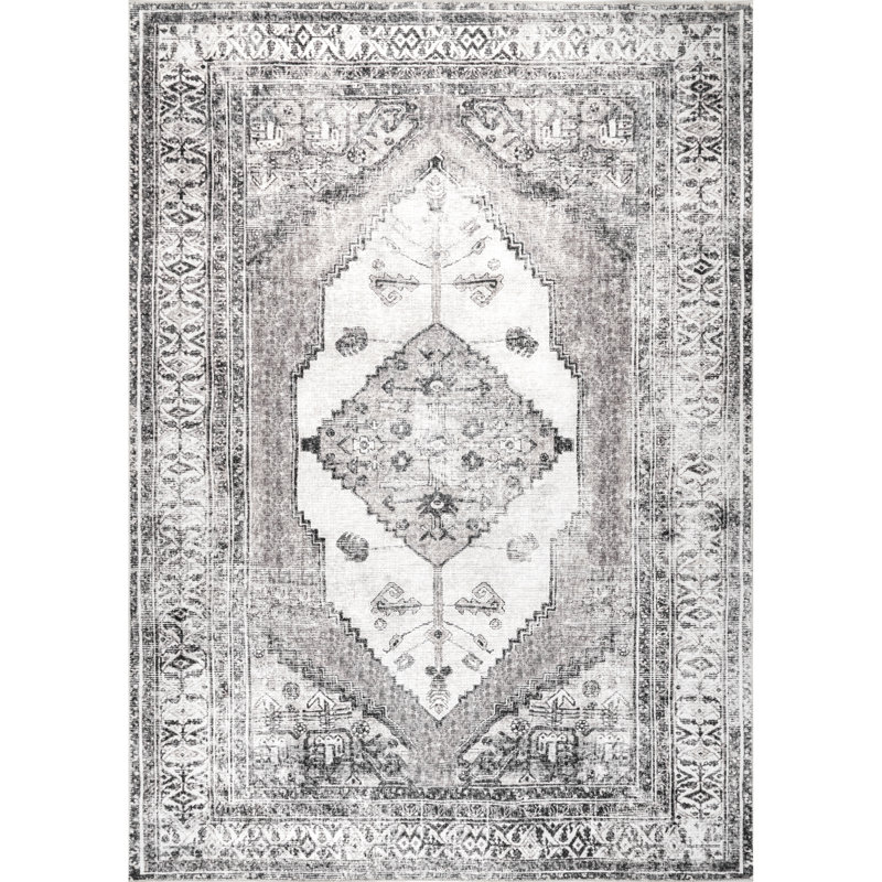 Teo Medallion Machine Washable Area Rug for Living Room Bedroom Dining Room Kitchen, Light Grey/Ivory, Rectangle 2' x 3'