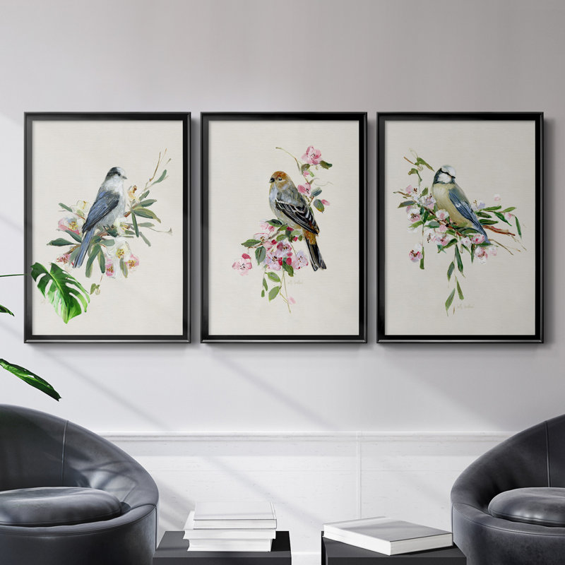 «Spring Song Blue Bird», ensemble de 3 peintures sur toile encadrées, H 26,5 po x l 109,5 po x P 1,5 po, Toile encadrée noire