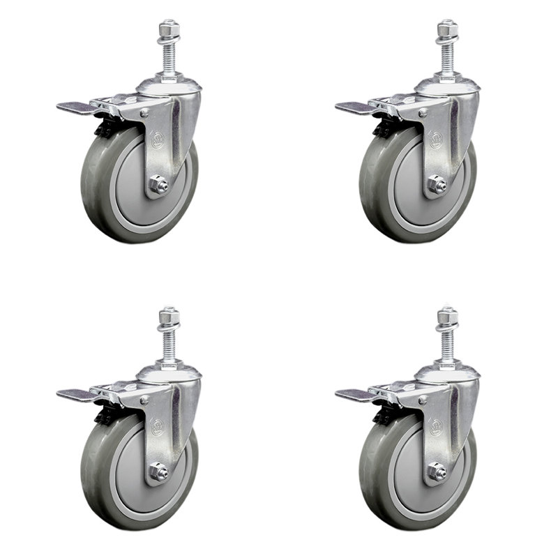Ensemble de roulettes à tige filetée en polyuréthane 10 mm 5 pouces, Gris