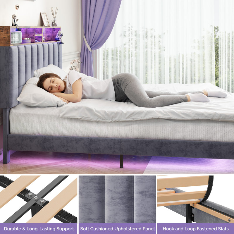 Upholstered Bed Frame with Headboard-Storage Headboard with Smart LED Lights and USB Charging Station,Noise Free,No Box Spring Needed