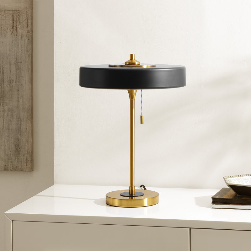 Black and Brass Metal Table Lamp with Drum Shade