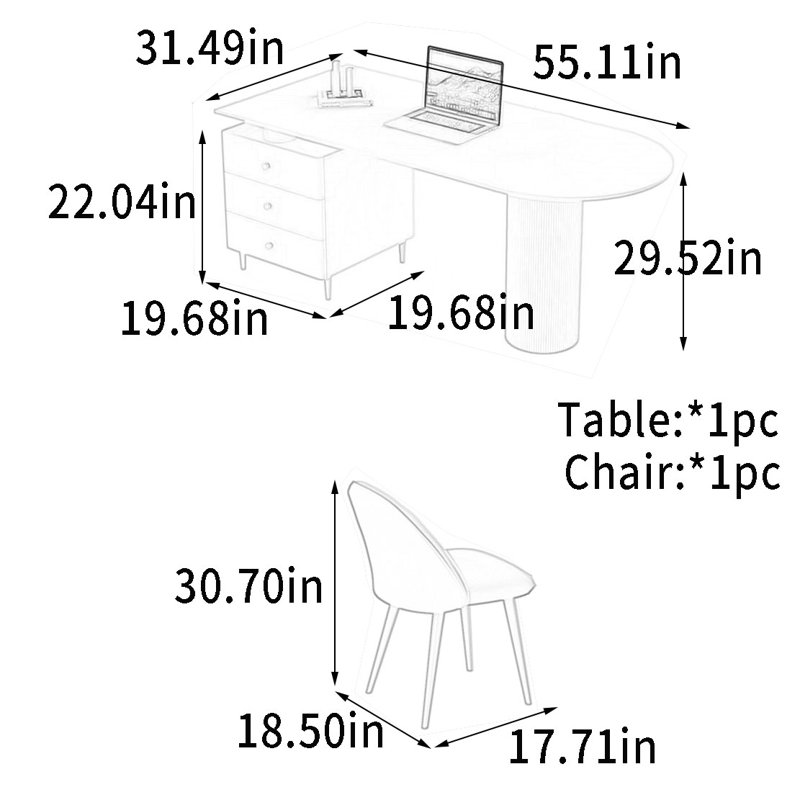 Bureau à dalle Rock avec tiroirs lisses, H 29,52 po x l 55,11 po x P 31,49 po