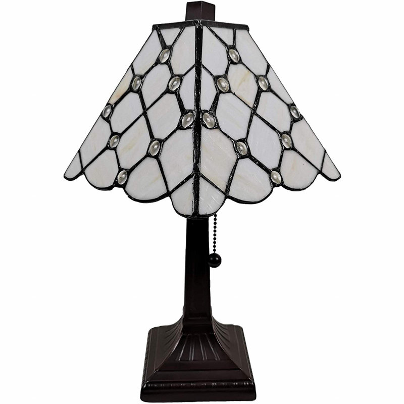 15" White Stained Glass Table Lamp with Faux Crystal Accents