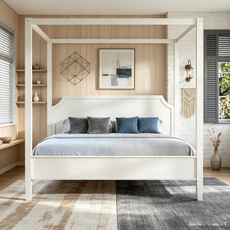 Lit plateforme à baldaquin en bois avec tête de lit, Grand lit, Blanc crémeux