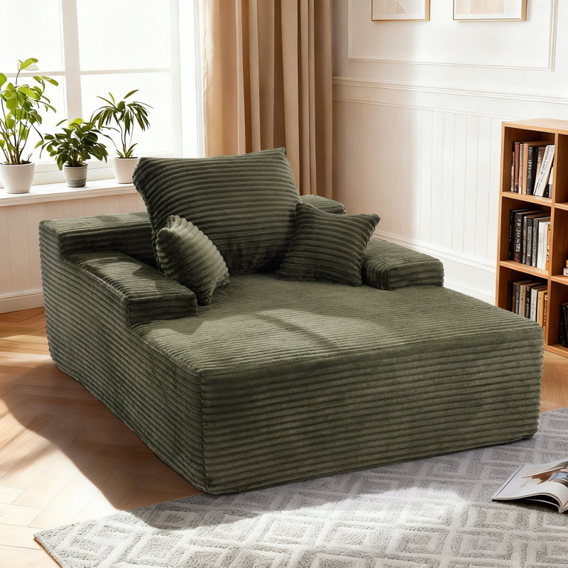  Chaise Lounge Sofa, Upholstered Corduroy Single Couch, Sleeper Sofa Bed With 3 Pillows, Single Couch For Living Room Or Bedroom , No Assembly Required