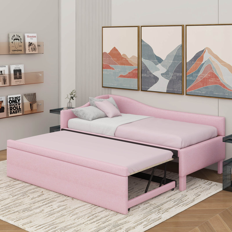 Twin Size Upholstered L-Shaped Upholstered Daybed With Trundle, Pink