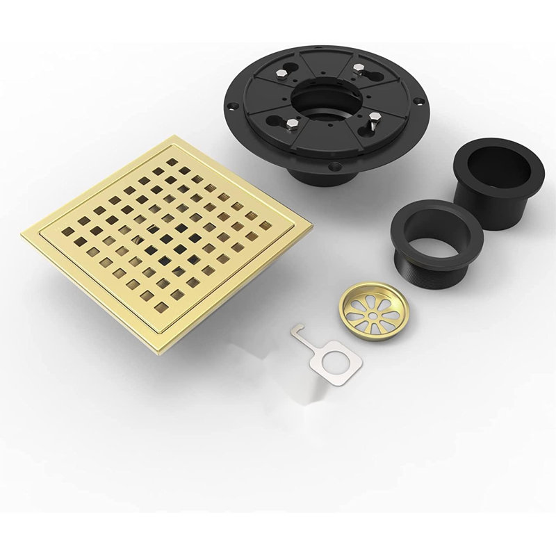 Shower Drain, 6 Inch Shower Floor Square Drain With Flange, Removeable Grid Panel Sus 304 Stainless Steel Square Shower Drain, Brushed Gold
