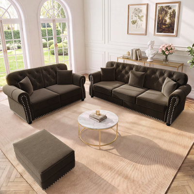 3-Piece Mid-Century Modern Velvet Chesterfield Living Room Set