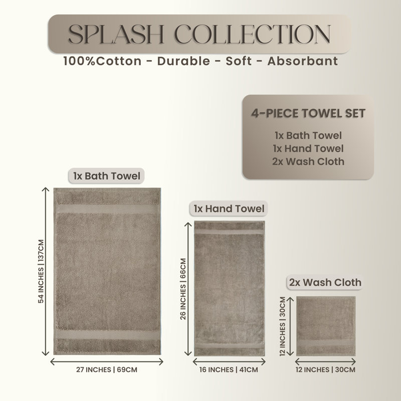 Splash 100% Cotton Zero Twist Towel Set, Bath Towels, Hand Towels & Washcloths, 550 GSM Soft Absorbent Towels for Bathroom, Spa & Daily Use, OEKO-TEX Certified, 4 Pack, Beige