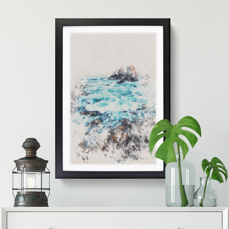 The Ocean Against the Rock - Wall Art, 87cm H x 62cm W x 2cm D, Black Single Picture Frame Wood