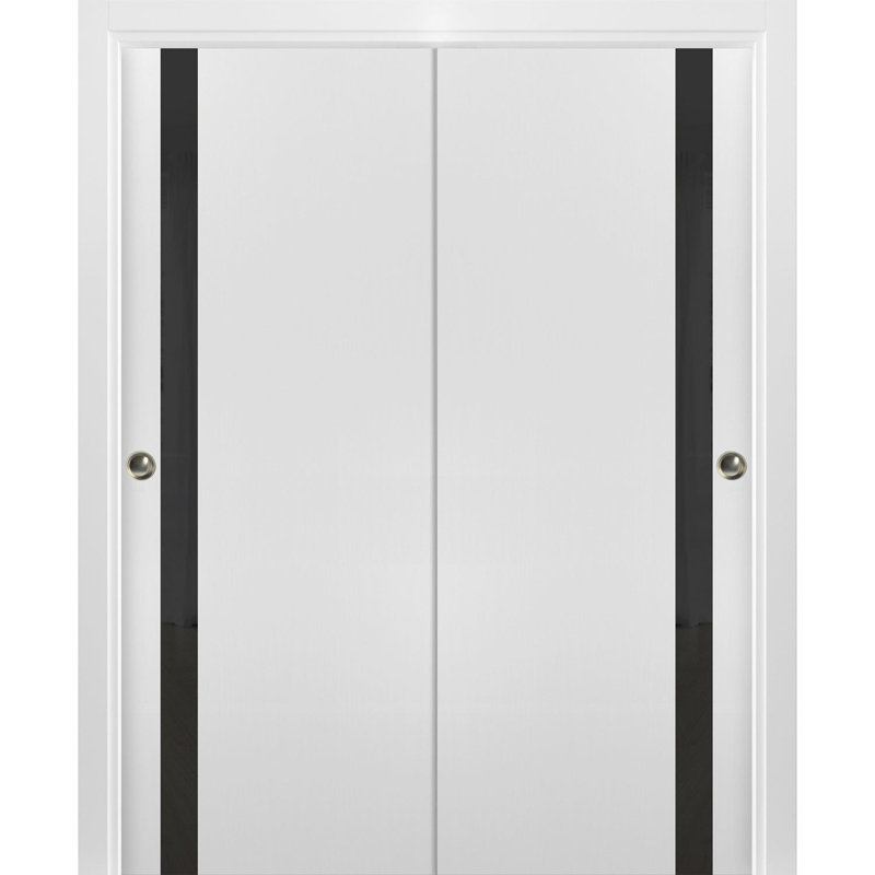 Portes coulissantes de placard 84 x 96 pouces Planum 0040 Blanc Soie avec rails en verre noir, moulures robustes, quincaillerie incluse, portes de placard de chambre en bois massif