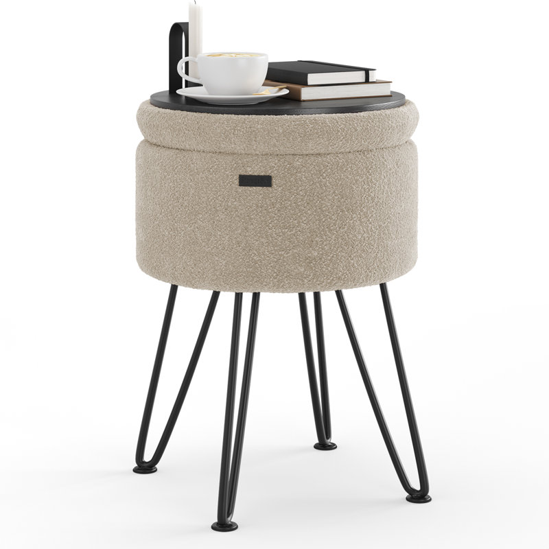 Modern Round Storage Ottoman Side Table, Black, Beige boucle 