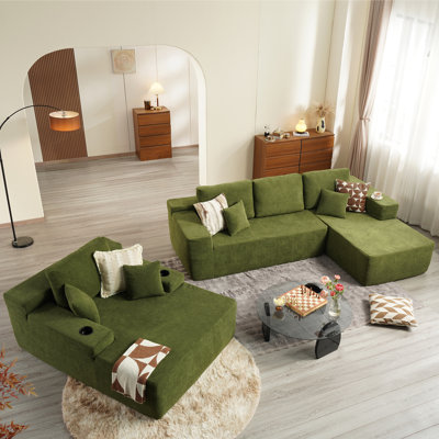 3-Piece No-Assembly Living Room Set, Corduroy Modern Sectional Sofa With Loveseat And Chaise Lounge by Latitude Run