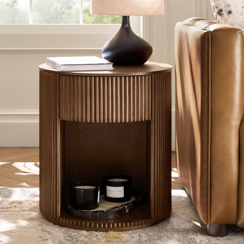 Kaybri Modern 20" Tall Fluted Round End Table wIth Storage, Walnut