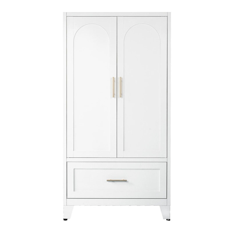 60" Tall Metal Wardrobe Cabinet With 1 Drawer And Hanging Rod, 2 Doors Wardrobe Closet With Shelf For Bedroom, Office, Laundry Room,Entryway ,Foyer,Guesthouse (White)