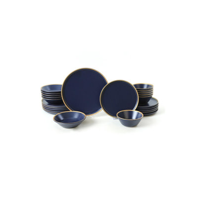 Elegant Ceramic Dinner Set (24 Pieces), Dark Blue | 100% Ceramic, Antibacterial, Easy Cleaning | Includes 6 Service Plates (11.0 in), 6 Dinner Plates (7.1 in), 6 Bowls (5.5 in), 6 Dessert Plates (8.7 in) | Dishwasher Safe Up to 122°F