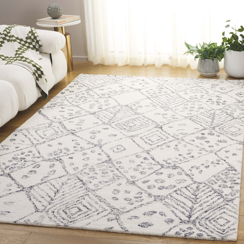Ebony 929 Hand Tufted Wool/Cotton Geometric Shapes Rug in Ivory/Gray, Rectangle 5' x 8'