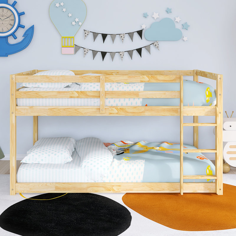 Wood Frame Twin Over Twin Size Bunk Bed With Ladder,Strengthened Slats, Natural