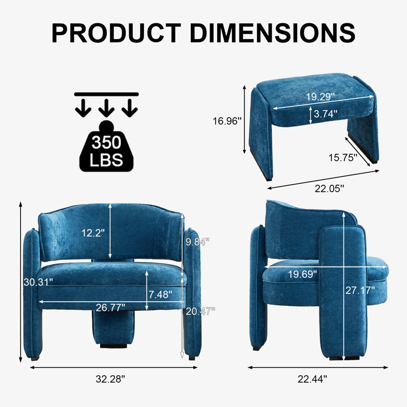 32'' Wide Mid Century Modern Accent Chair With Armest, Blue Velvet