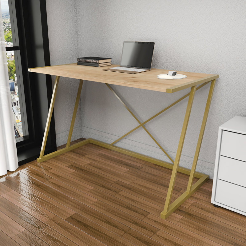 Lenes Metal Base Writing Desk, Oak/Gold