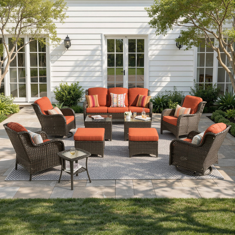 Ensemble de conversation en osier / rotin 7 personnes avec chaises pivotantes et coussins Guilen, Brun, Beige